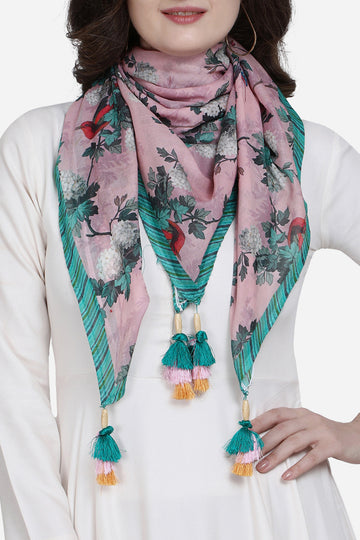 Floral Print Pink Color Pure Cotton Scarf